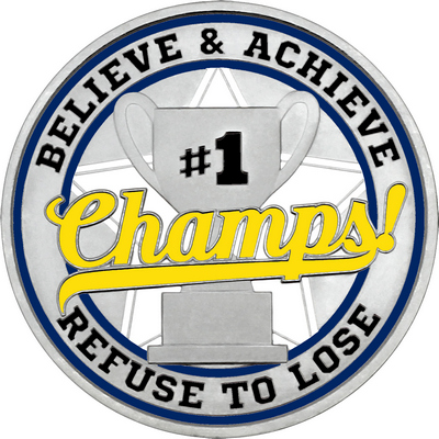 Yellow "Champs!" with Navy Blue Outer Circular Borders